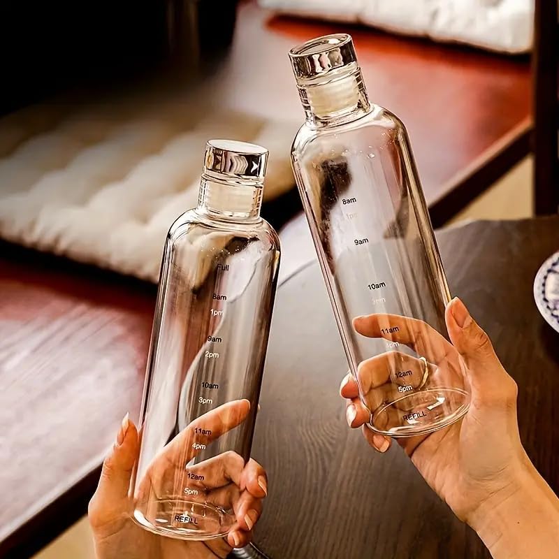 Image of Borosilicate Glass Water Bottle with Cap 500 ML Leak Proof & Airtight Lid with Time Marker for Home, Office, School, College, Gym, Daily Uses (Multi Color Set of 2)