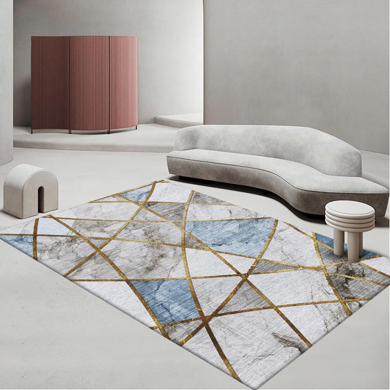 Tapis de salon géométrie gris doré soft aux finitions soignées pour décor chic
