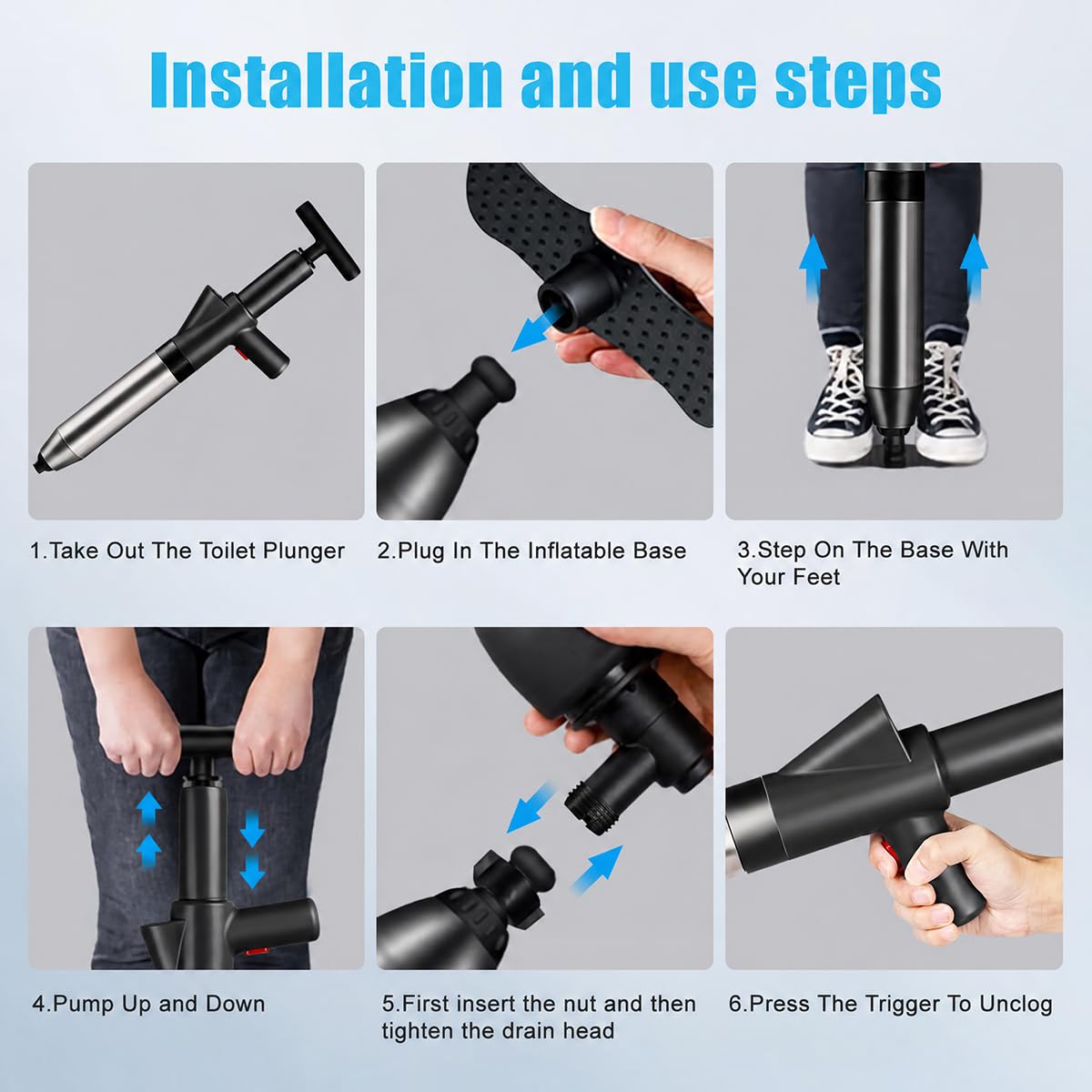 Desatascador de inodoro de alta presión rápida con barómetro, herramienta de desatasco y desatascador de drenaje de aire resistente para baño, inodoros, fregaderos, bañeras, tuberías, kit de