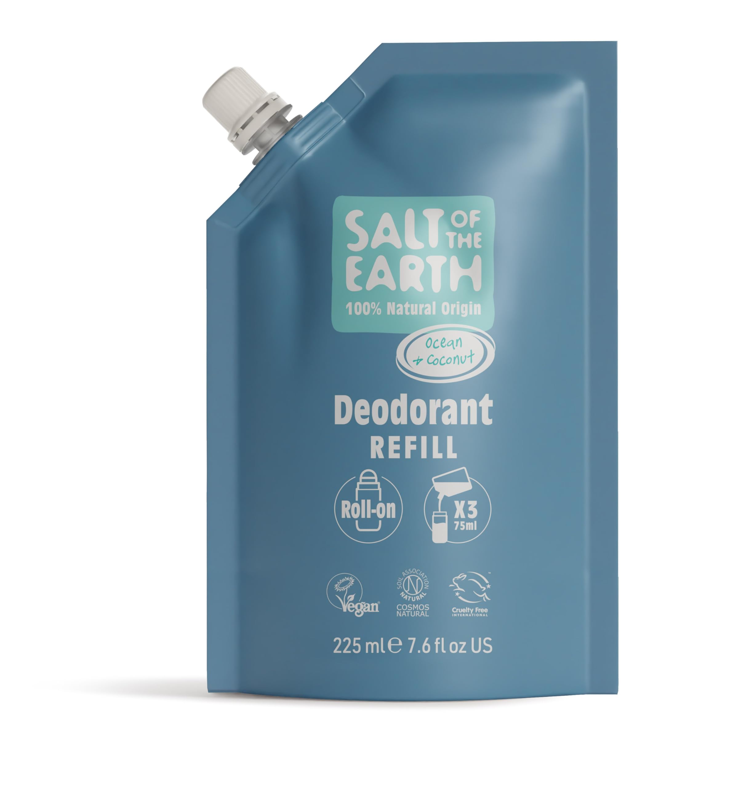 Salt of the Earth - Natural Deodorant Roll On Refill Pouch, x3 Uses - Ocean & Coconut - Vegan, Long Lasting Protection, Made in the UK - 225ml