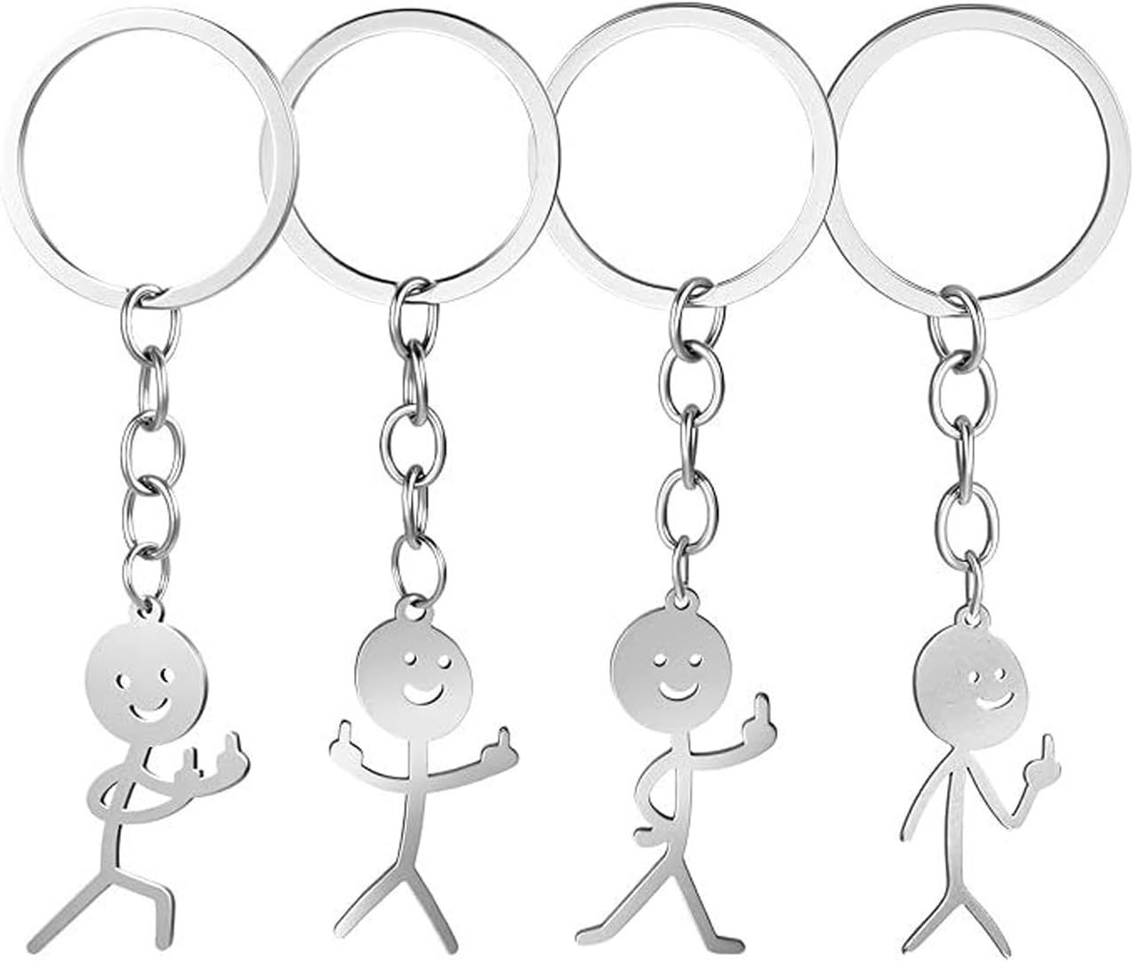 4 PCS Middle Finger Keychains, Stainless Steel Funny Doodle Keychain, Middle Finger Pendant Funny Keyring, Universal Cool Gifts for Men Women (Silver)