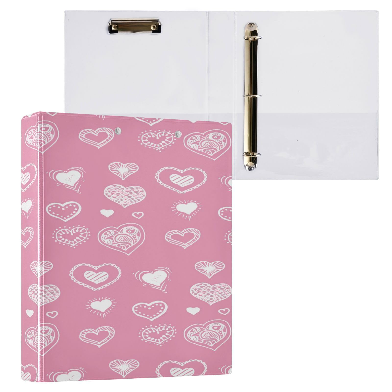SKYSHU Love Heart - Raccoglitori ad anelli rotondi con 3 tasche interne in PVC trasparente, impermeabili, robusti, 3,8 cm, con clip in metallo antiscivolo, raccoglitori versatili per 200 fogli,