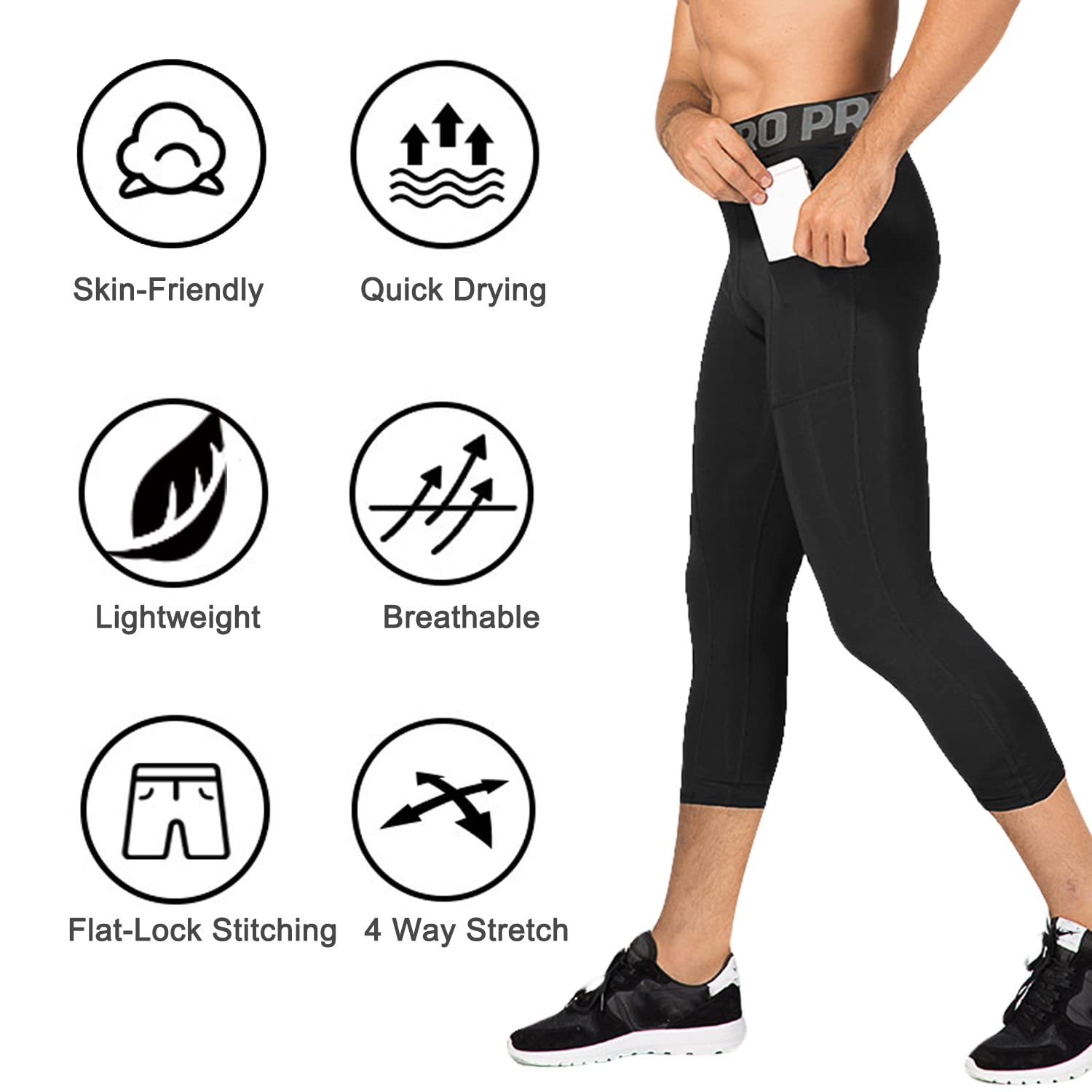 Leggings de Compression 3/4 pour Homme avec Poche Séchage Rapide Leggings de Sport Pantalon de Base Layer Collant pour Basketball Fitness Jogging