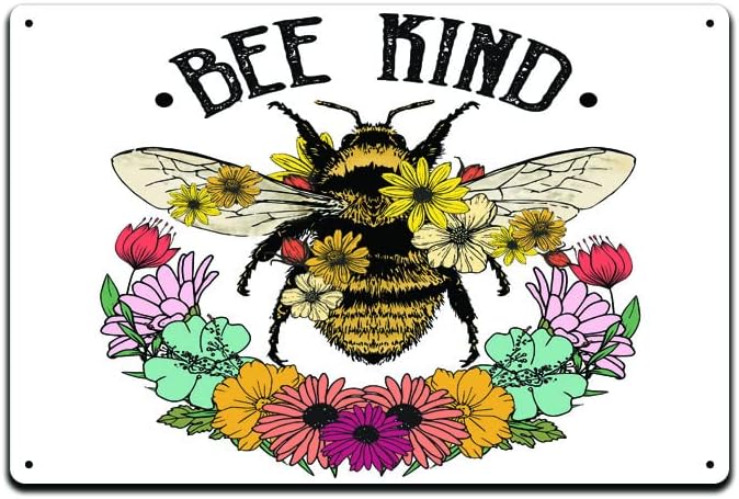 Bee Kind 12 X 8 Tin Metal Sign Décor Garden Honeycomb Bumble Dandelion Queen Honey Yard Spring Faith Summer Butterfly Wildflower Honeybee Pollinator Indoor Outdoor Rock MS087