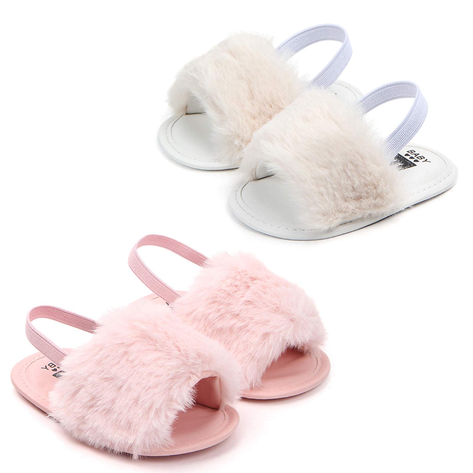Yinbwol 2 Pack Infant Baby Girls Sandals Elastic Back Strap Flats Slippers Soft Toddles Princess Shoes Faux Fur Slides Shoes First Walker House Shoes