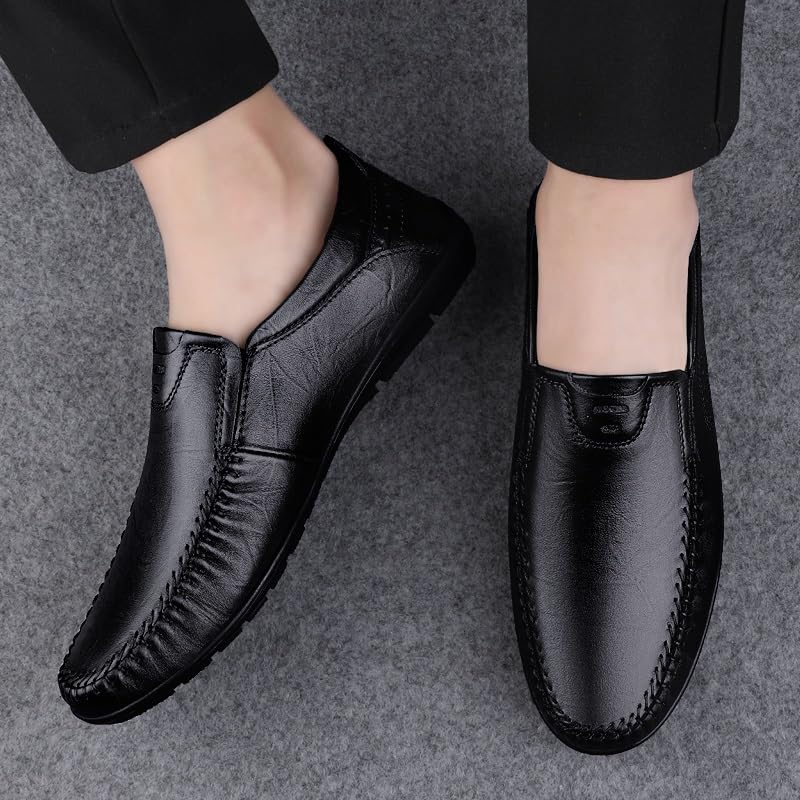 Loafers for Men Round Toe Leather Solid Color Loafer Shoes Flat Heel Comfortable Flexible Walking Classic Slip-ons4