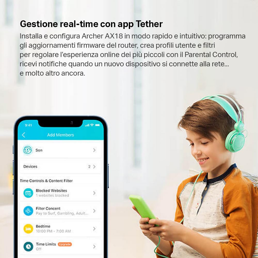 TP-Link Archer AX18 AX1500Mbps Router WiFi 6 Dual-Band, 4 Porta Gigabit, 1201Mbps su 5 GHz e 300Mbps su 2,4 GHz, 4 Antenne Ad Alto Guadagno, Parental Control, Rete Ospiti, QoS, OFDMA, EasyMesh, WPA3