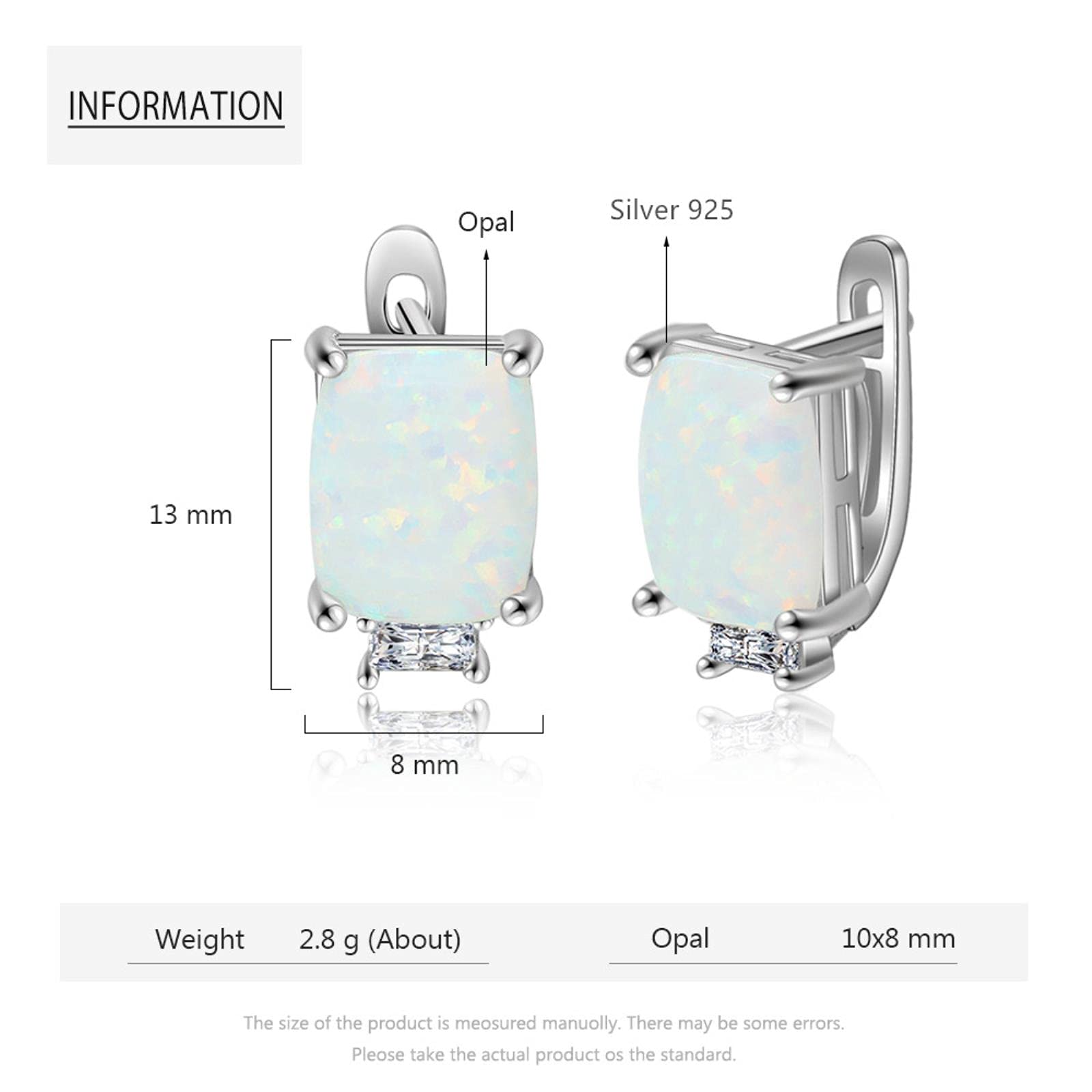 SALAN Pendientes De Aro De Plata De Ley 925 para Mujer Pendientes Rectangulares De Ópalo Blanco con Circonita Joyería De Plata 925