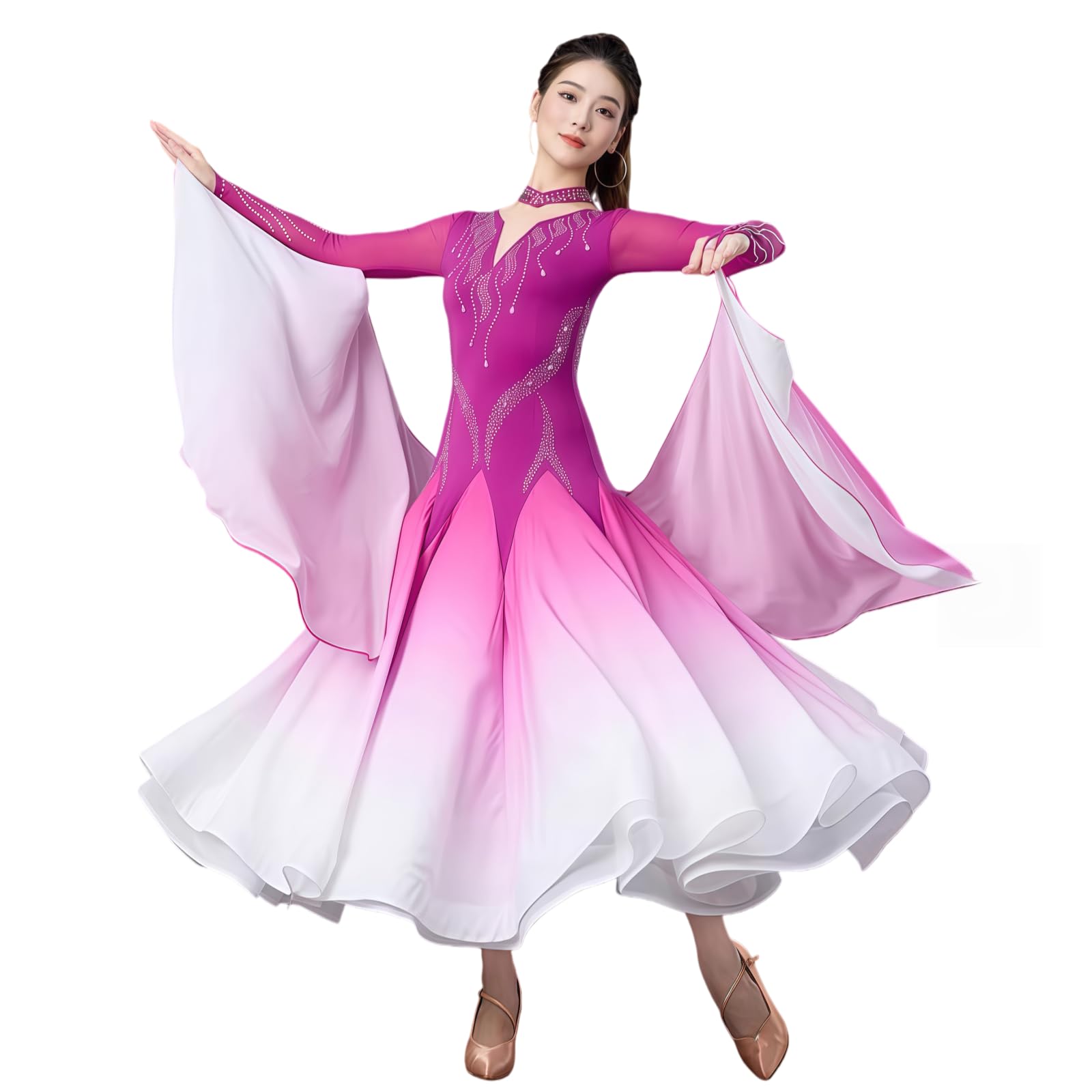 Damen Ballroom Turnierkleid, Elegantes Langarm Tanzkleid Mit V-Ausschnitt, Strass Und Fließendem Chiffonrock Mit Farbverlauf Für Walzer Tango Foxtrott