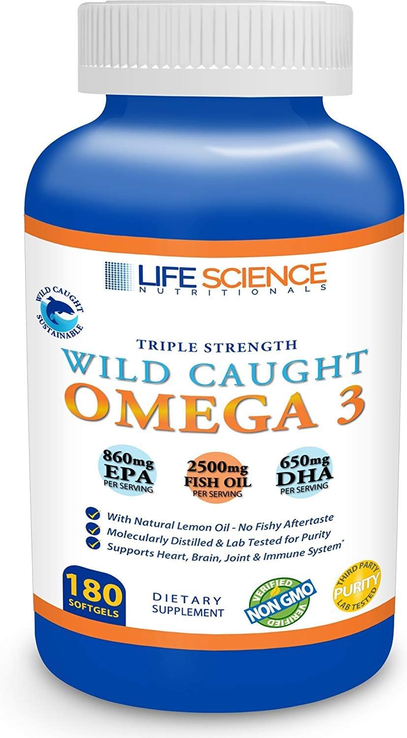 Omega 3 Fish Oil Wild Caught Triple Strength 2500mg / 900mg EPA / 600mg DHA (180 Softgels) Burpless Non-GMO Verified Sustainably Sourced Natural Supplement Pills