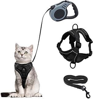 Katzengeschirr und Katzenleine Set,Automatisch Einziehbare Hunde Leine mit Geschirr für Katzen,Ausbruchsicher Katzen Leine Geschirr Set für Kitten Hunde (schwarz, L) product image