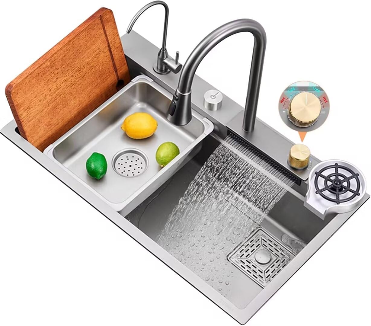 Aioneer Kitchen Sink Flying Rain Waterfall Sink With Pull-Out Tap, 304 Stainless Steel Single Bowl Kitchen Sink, Home Sink Household Sink Dishwasher Kitchen Sink Workstation Chop-68-45cm Black