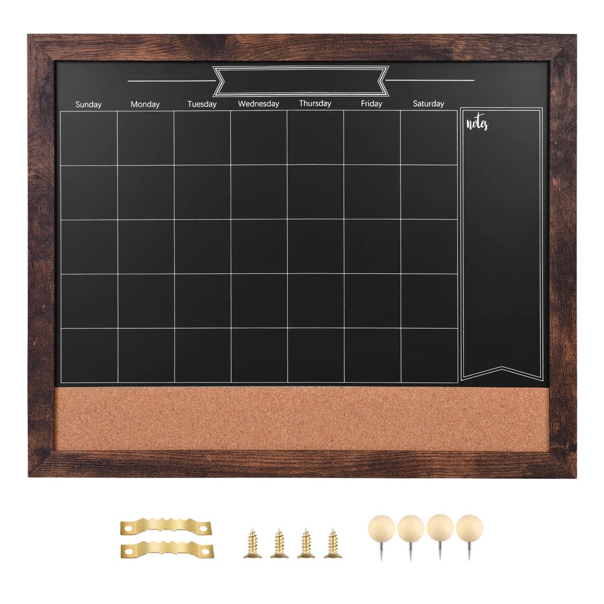 Chalkboard Calendar and Bulletin Combo Board. 13" x 17" Brown Wooden Frame，Magnetic Chalkboard.Perfect for Office, Home School Message Board，HBZHB-BN3442-US