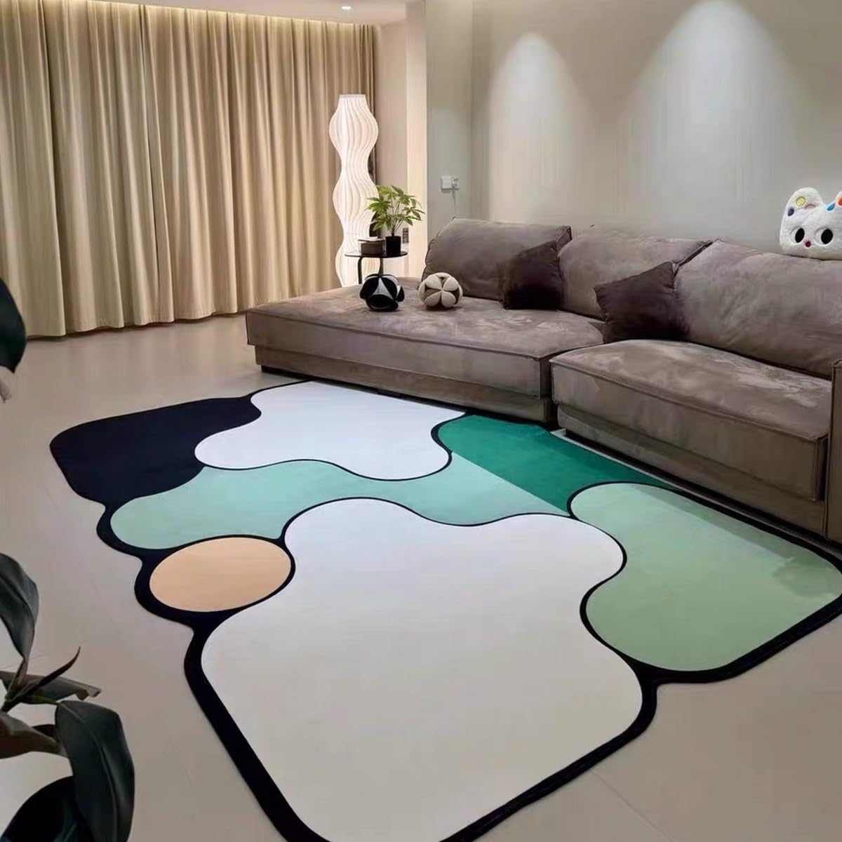 Modern Bedroom Irregular Area Rugs 5x7 Black Beige Green Geometric Pattern Odd Shaped Rug for Living Room Bedroom Nursery Farmhouse Dorm Home Office Carpets Washable Durable Thin Floor Mats