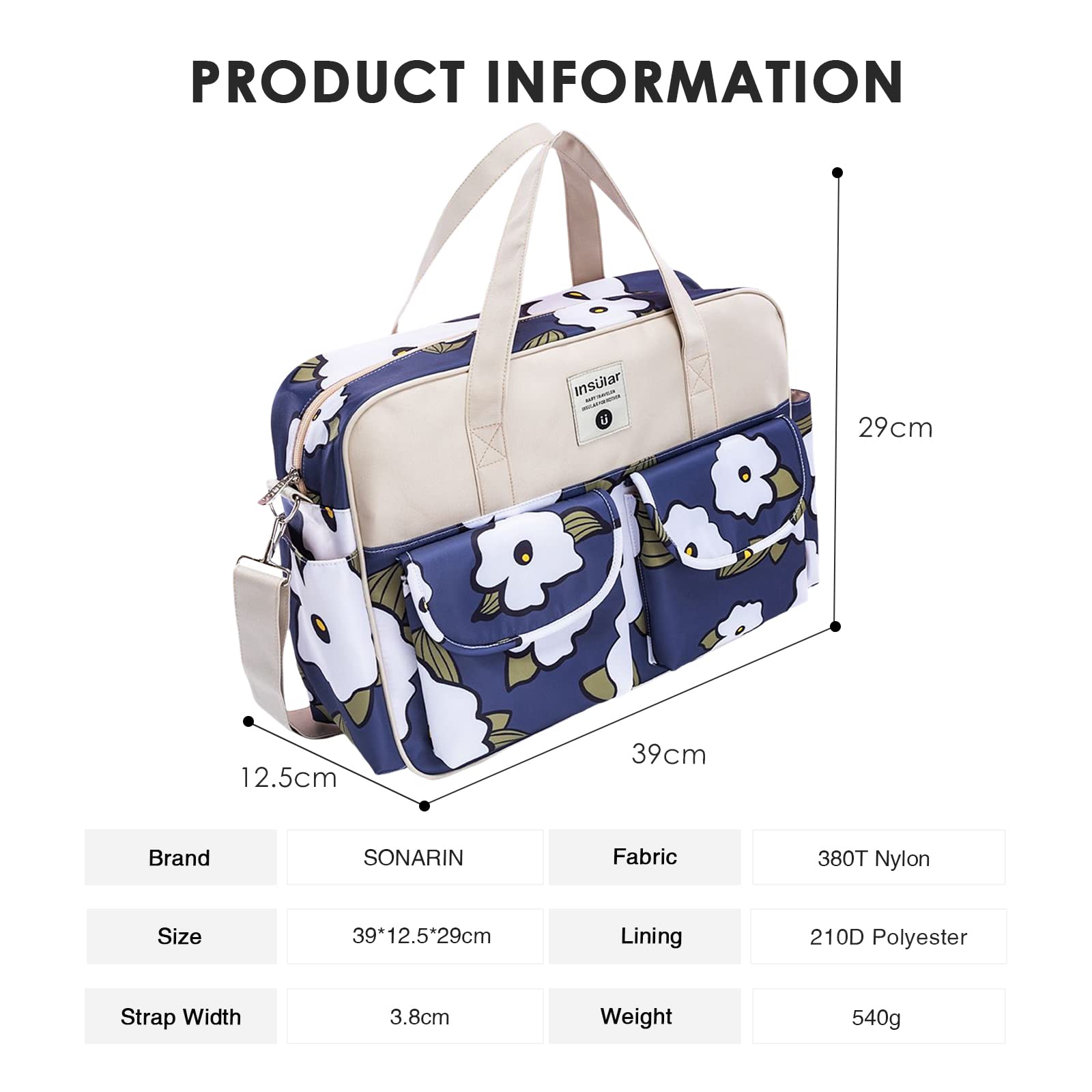 SONARIN Sac à Langer Grande Capacité pour Bébé - Sac de Maternité Multifonction (Fleurs Blanches)