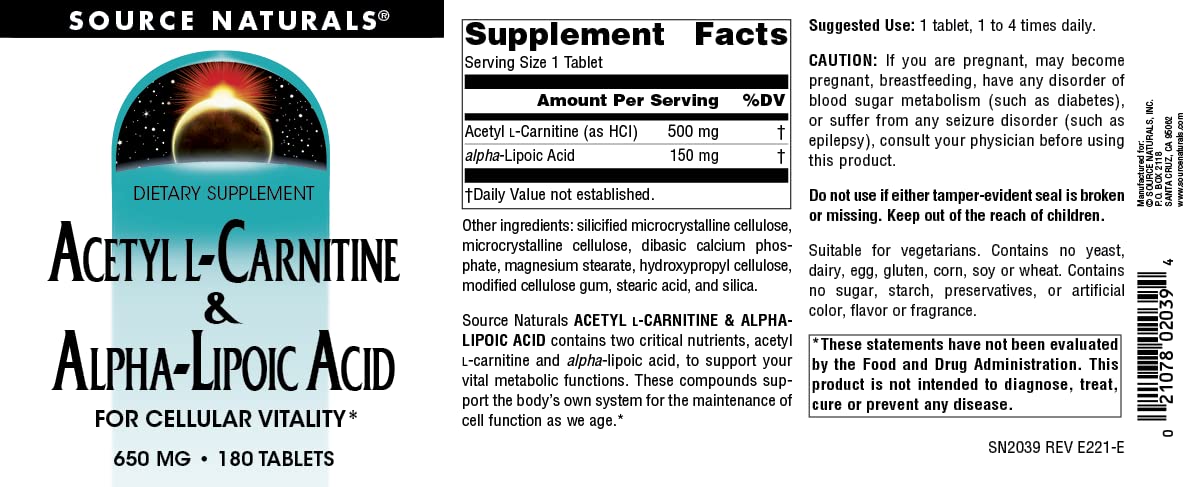 Source Naturals Acetyl L-Carnitine & Alpha-Lipoic Acid 650mg - 180 Tablets — Amazon image 4