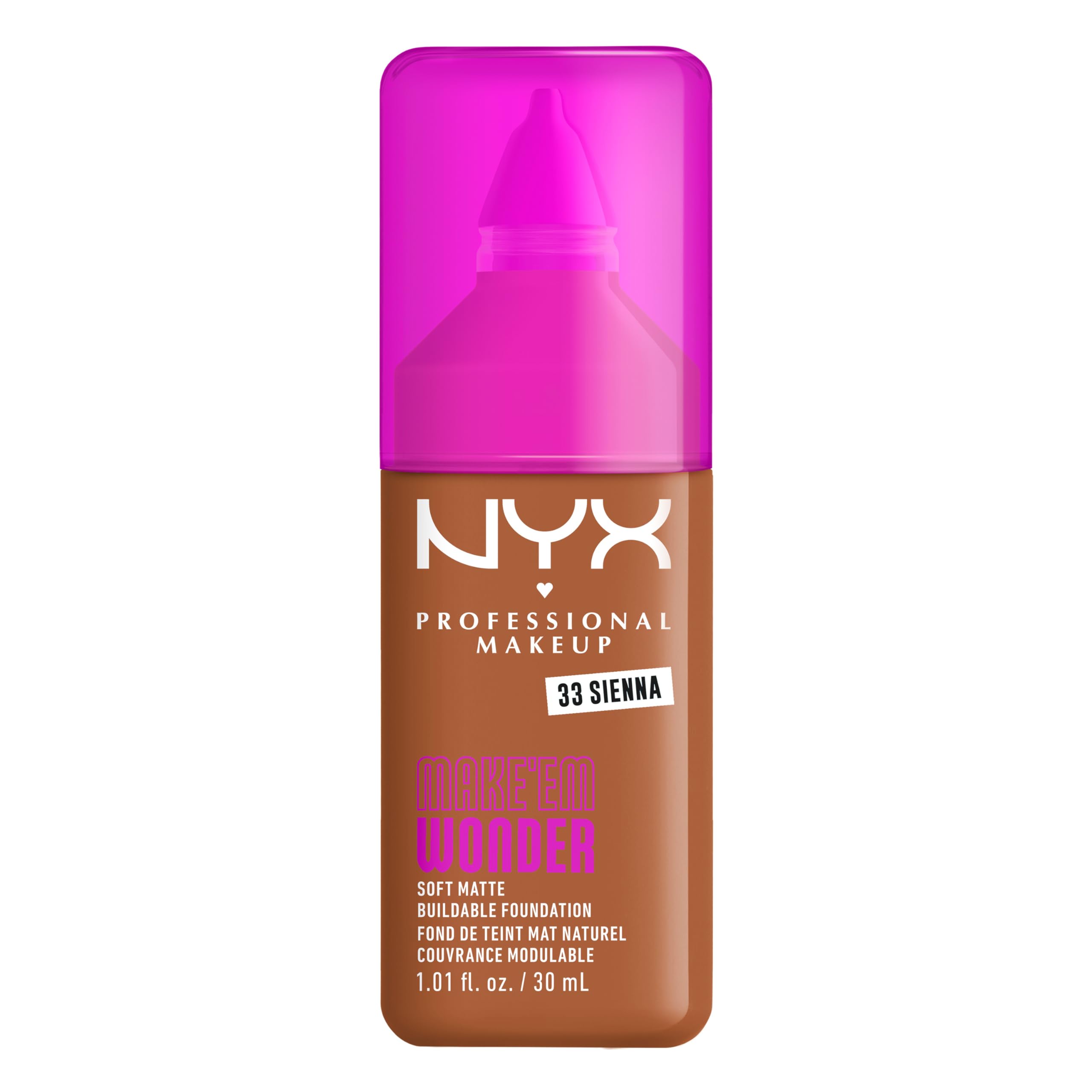 NYX Professional Makeup Make 'EM Wonder, Up to 24 Hour Soft Matte Foundation, Undetectable Finish, Waterproof, Sweat and Transfer Resistant, Shade: 33 Sienna