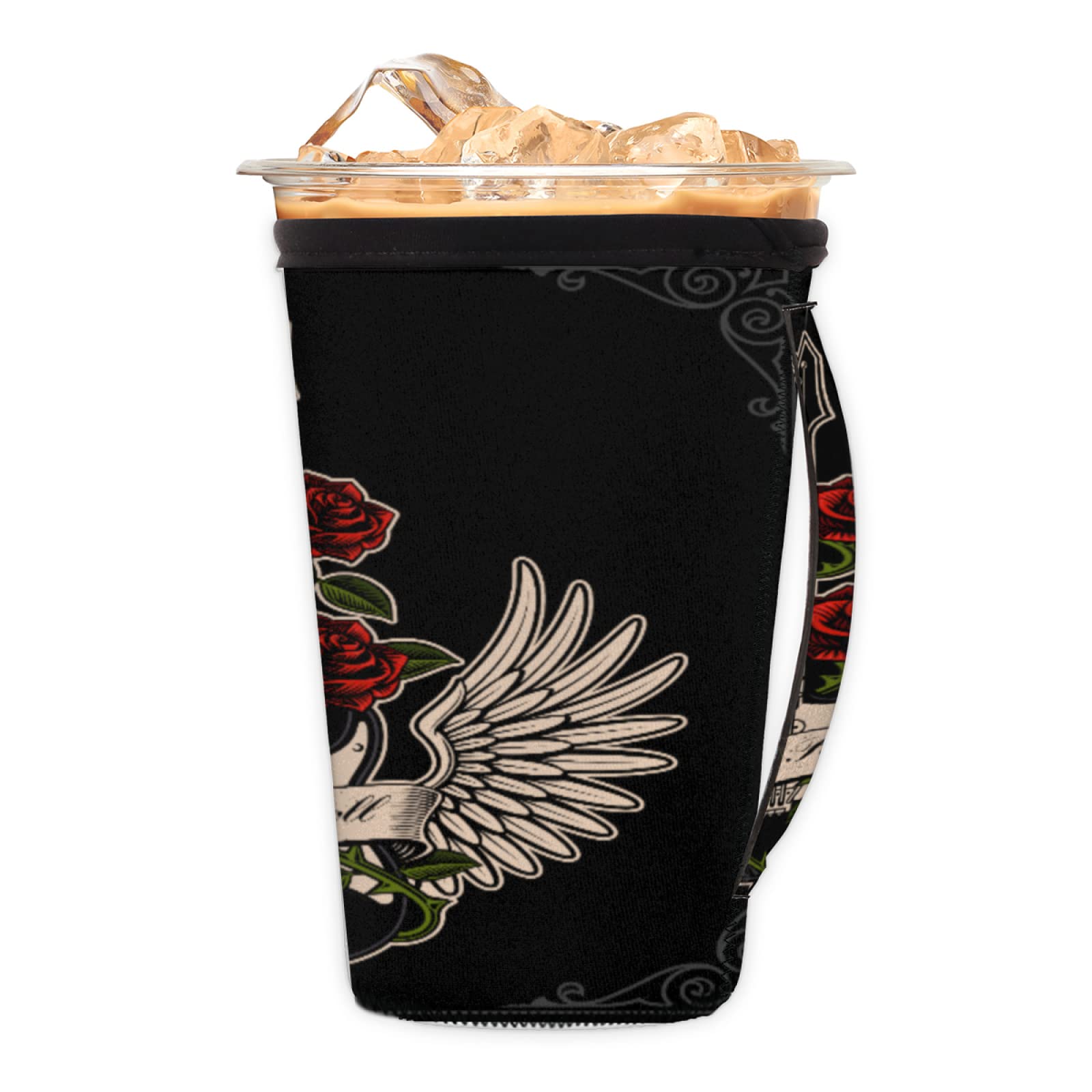 Guitar and Red Rose Printing Iced Coffee Cup Sleeve for Cold Beverages Vintage Instrument Neoprene Cup Sleeve with Handle Coffee Tea Cups Insulated Sleeves (24 oz)