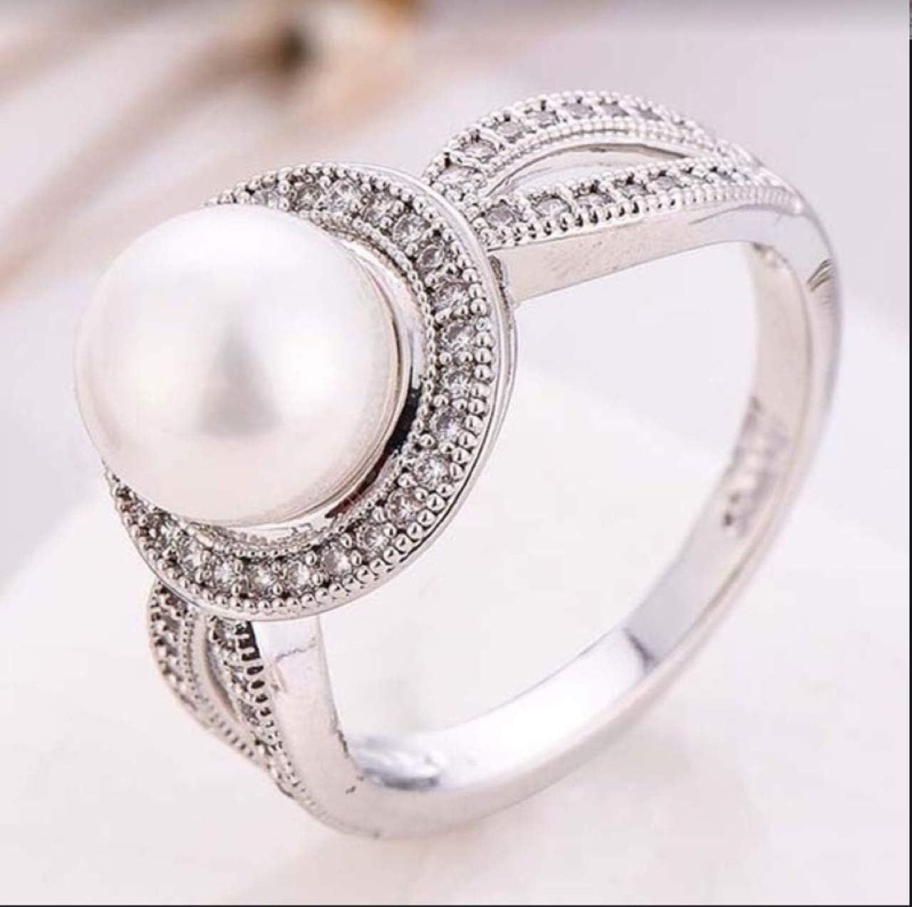 MIAHAO Women Pearl & White Sapphire 925 Sterling Silver Ring Wedding Party Jewelry New Size 6-10 (US Code 6)