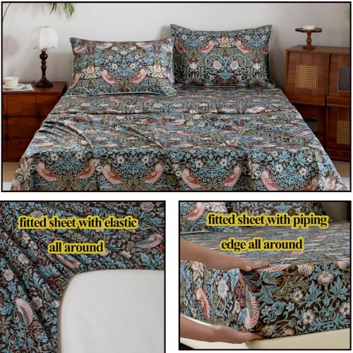 Image of FADFAY Cal King 100% Egyptian Cotton Sheets Set 4 Piece, Luxury Soft Breathable Cooling Bed Sheets, Deep Pocket Hotel Quality Bedding for Hot Sleepers, Botanical Floral Bird Print All Season Comfort