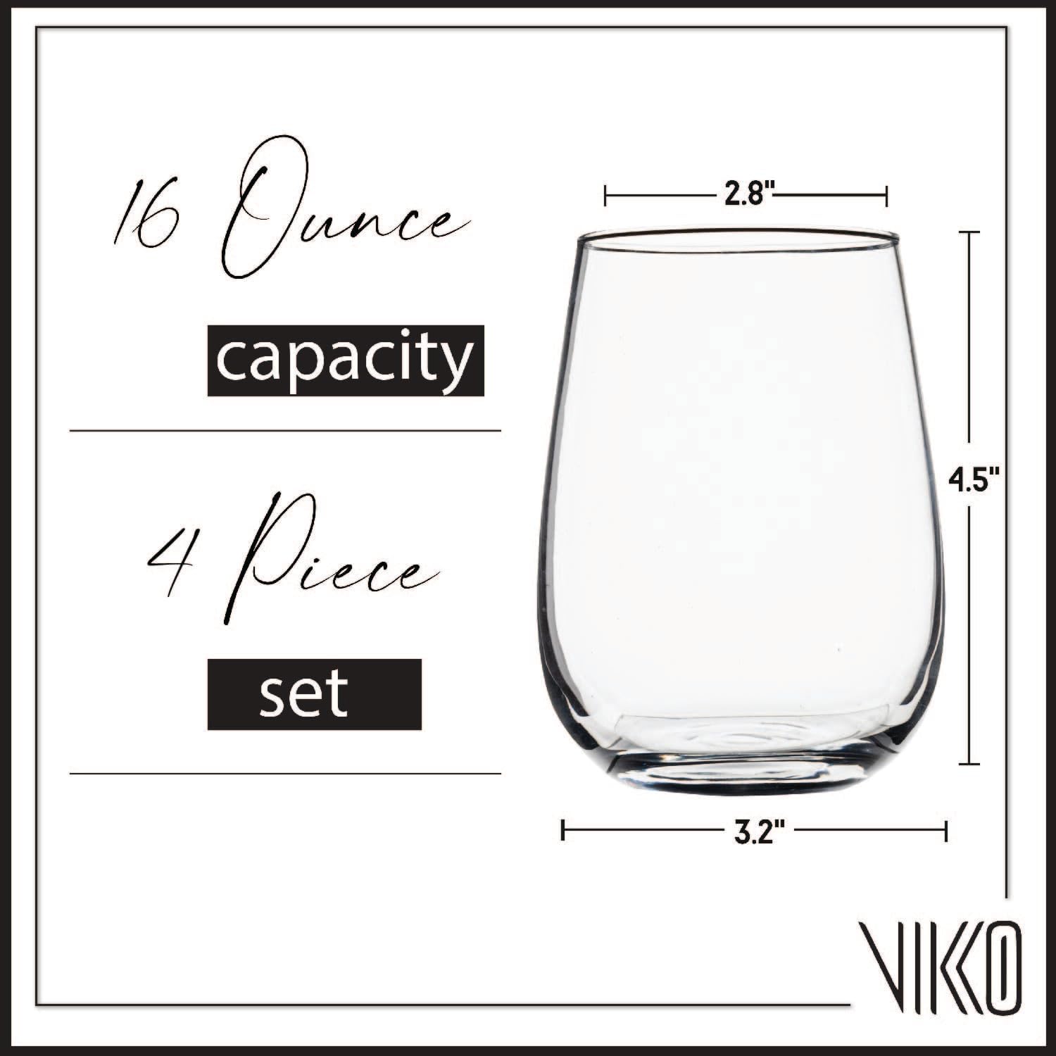 Vikko Stemless Wine Glass, 16 Ounce Wine Glasses Set of 4, White or Red Wine Glass, Classic and Elegant Wine Glasses