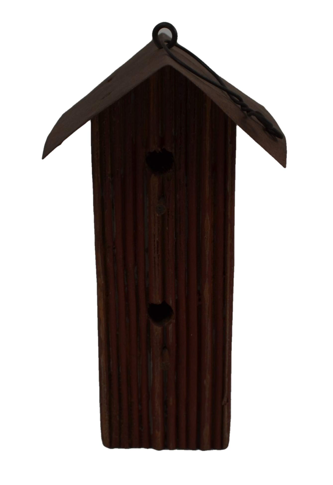 Amish Wares Miniature Hanging Wavy Wood Rustic Red Birdhouse with Two (2) Standing Posts and Two (2) Holes. Measurements are 2 1/2 X 2 3/8 X 4 3/8