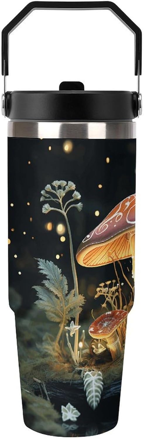 Butterfly Mushroom Water Bottle 30 Oz Fits Car Cup Holder,Insulated Coffee Mug Large Capacity Car Cups,Stainless Steel Double Wall Sport Bottle for Travel Sports Gym