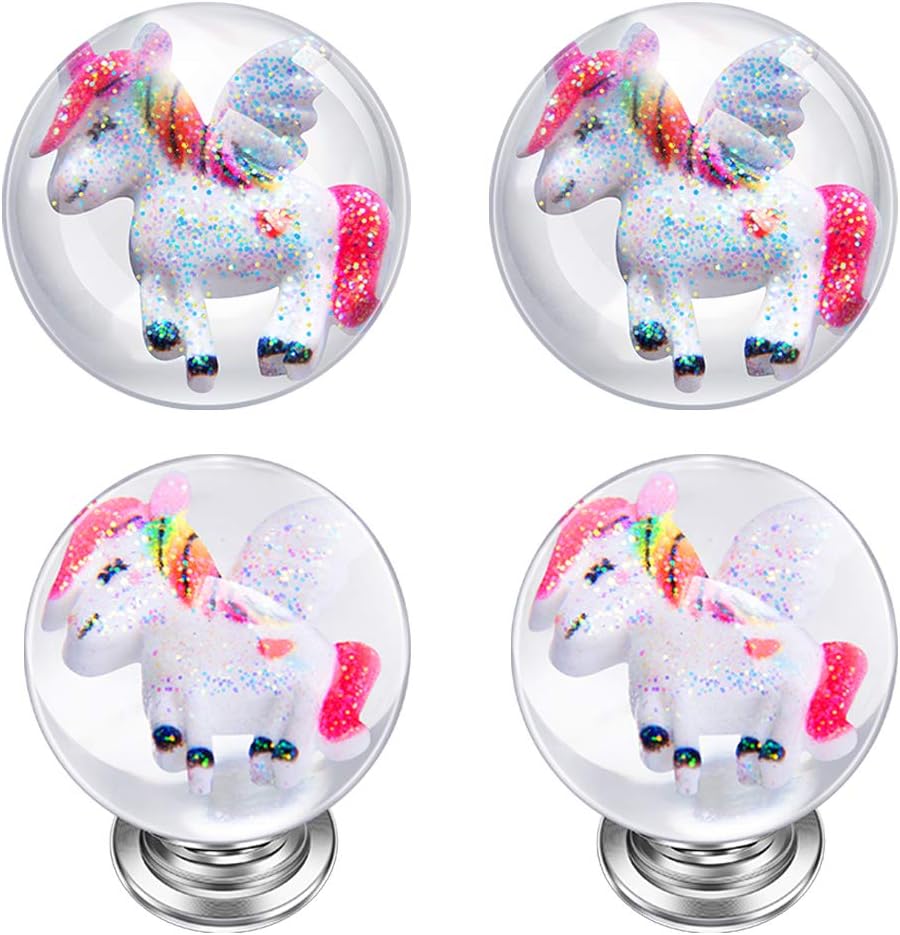 IFOLAINA Unicorn Kitchen Cabinet Knobs Kids Drawer Handles Round Pulls Cupboard Dresser Bookcase with 3 Size Screws 4 Pack
