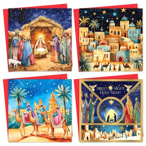Tarjetas de Navidad 2024 con sobres, tarjetas de Navidad de lujo religiosas, paquete múltiple, tarjetas de Navidad con 4 úniques escenas de Belén (125 x 125 mm), tarjetas de felicitación para familia
