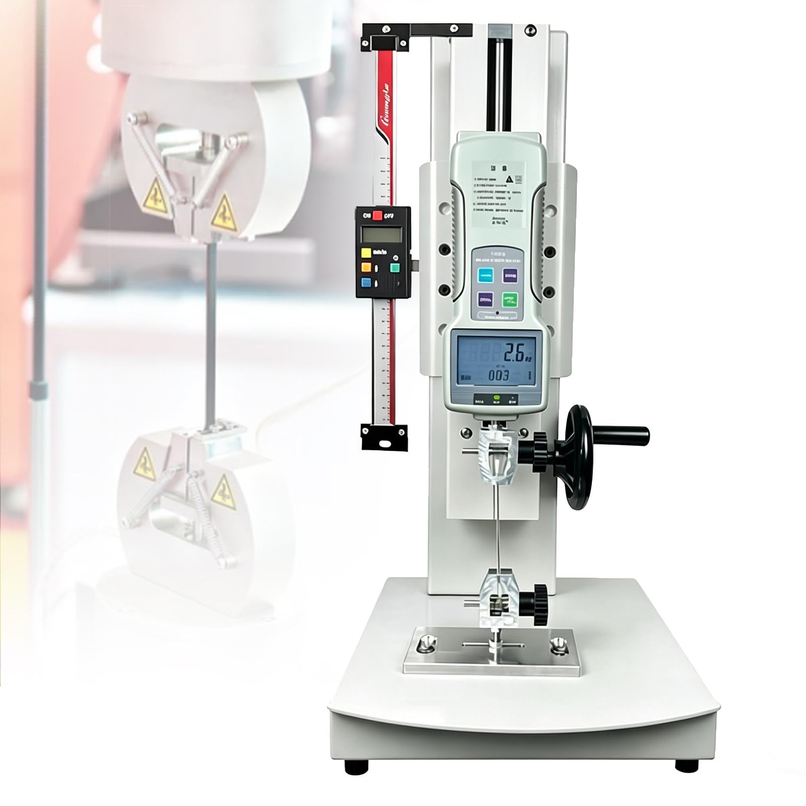 Osnzyc Desktop Tensile Testing Machine,Digital Pull Force Tester, Portable Manual Force Gauge for Compression and Tension Testing, with 5 Probes, 2 Testing Clamp, Stroke 300mm WithRuler-20N