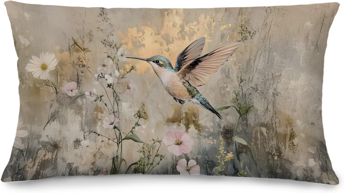 Hummingbird Throw Lumbar Pillow Cover 12x20 - Retro Vintage Floral Humming Bird Decorative Throw Pillow Covers Home Decor for Sofa Living Room Couch Bed, Hummingbird Gifts