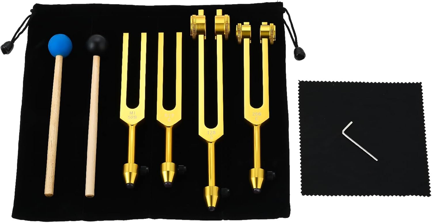 Tuning Forks for Healing Set – 128Hz, 256Hz, 512Hz, 528Hz with Tuning Fork Feet Accessory for Meditation, Yoga, Stress Relief, Energy Work, Musical Instruments
