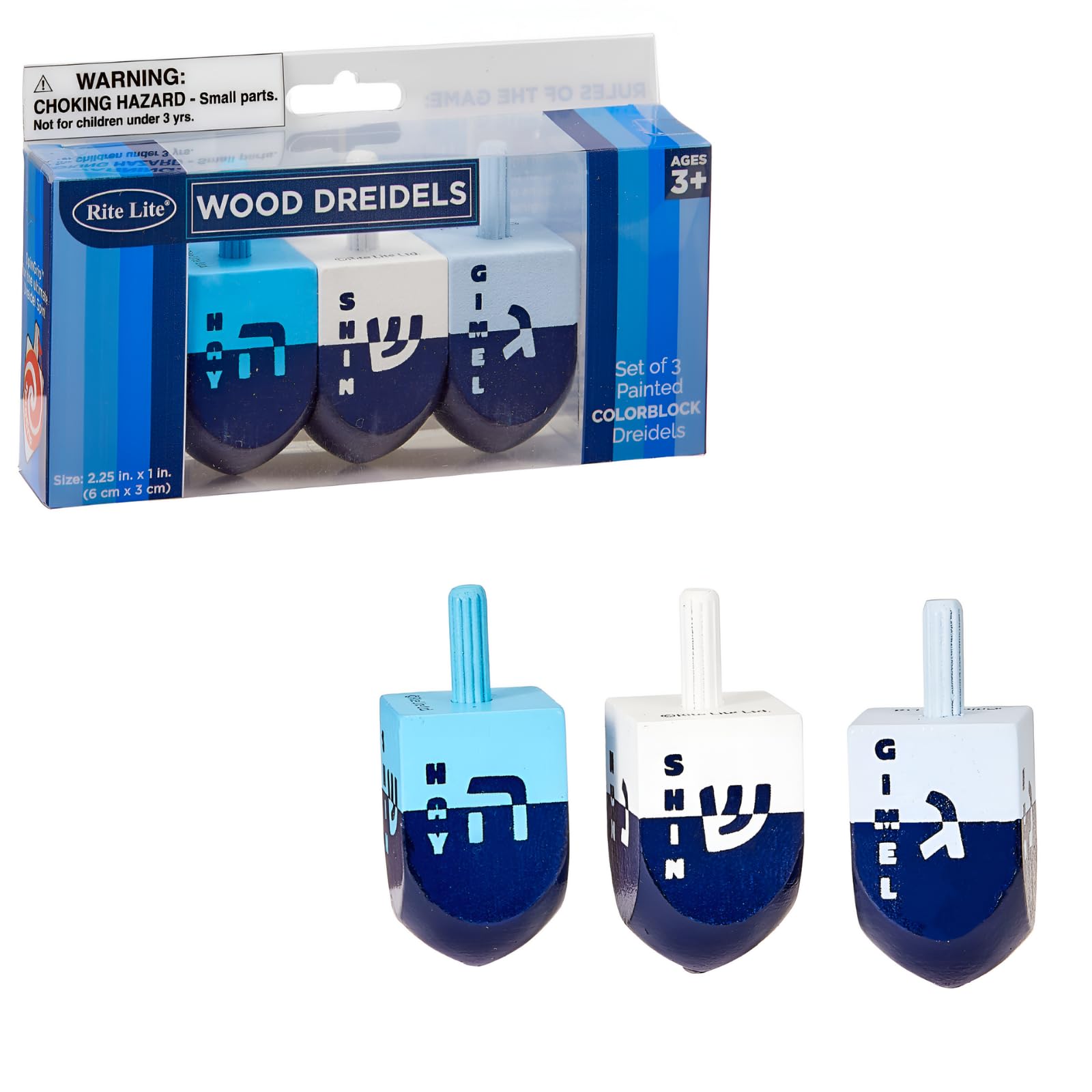 Rite Lite Hanukkah Dreidel - Juego de regalo de 3 – Chanukah Colorblock Blue Wooden Dreidels Jewish Holiday Party Bulk Multicolor Dreidels con letras hebreas Bolsa de regalo recompensas horas de