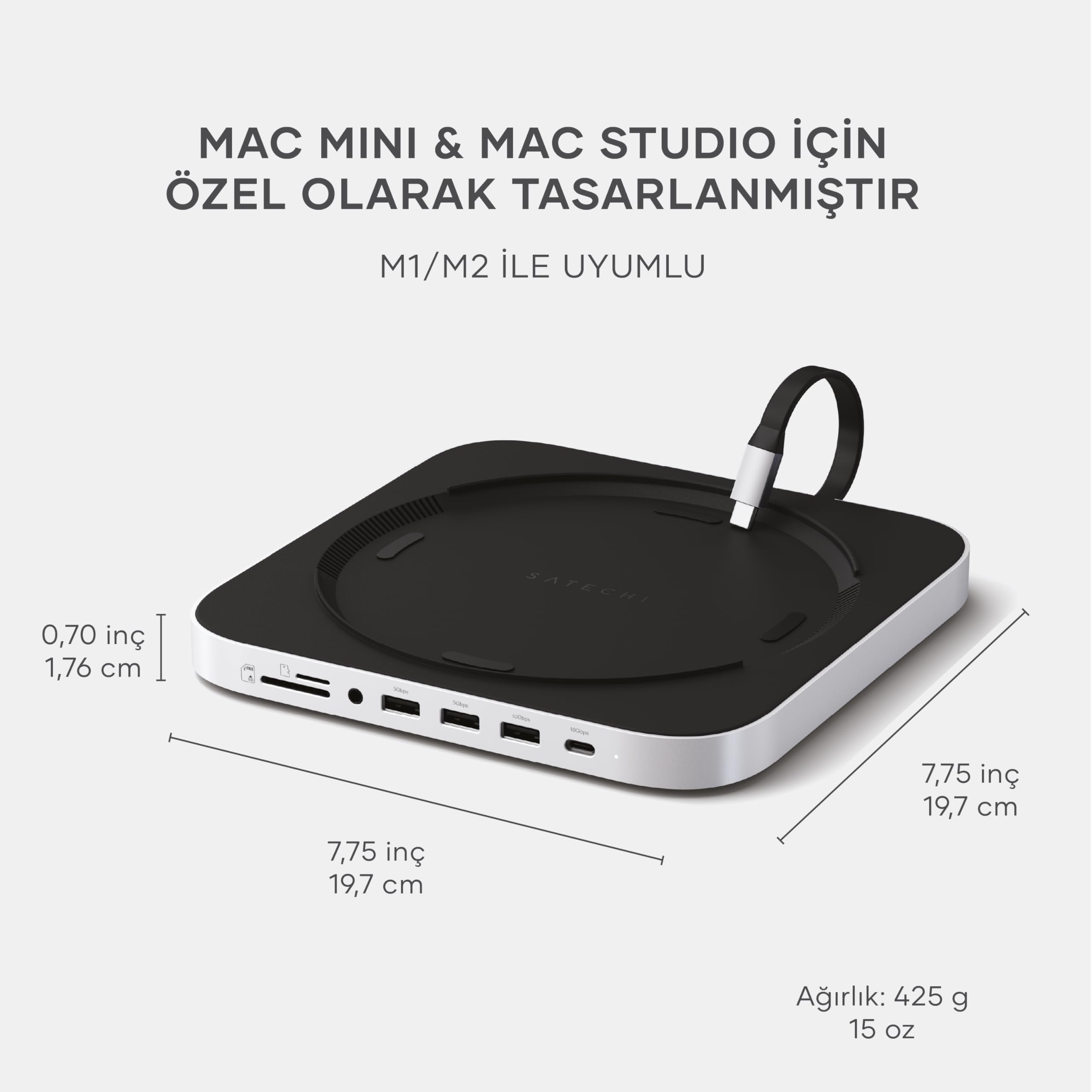 SATECHI Mac Mini Hub ve Stand, NVME/SATA M.2 SSD Muhafazası, USB-C