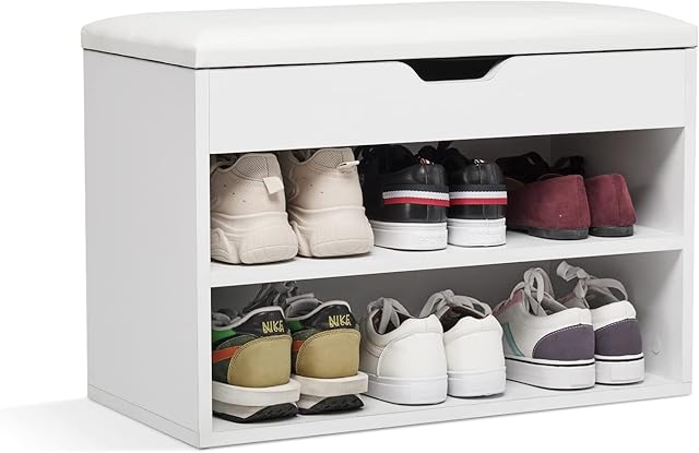 Meerveil Shoe Storage Bench, Shoe Cabinet with Storage Seat, 60 x 30 x 43 cm Wooden White Small Unit for 8 Pairs Shoes