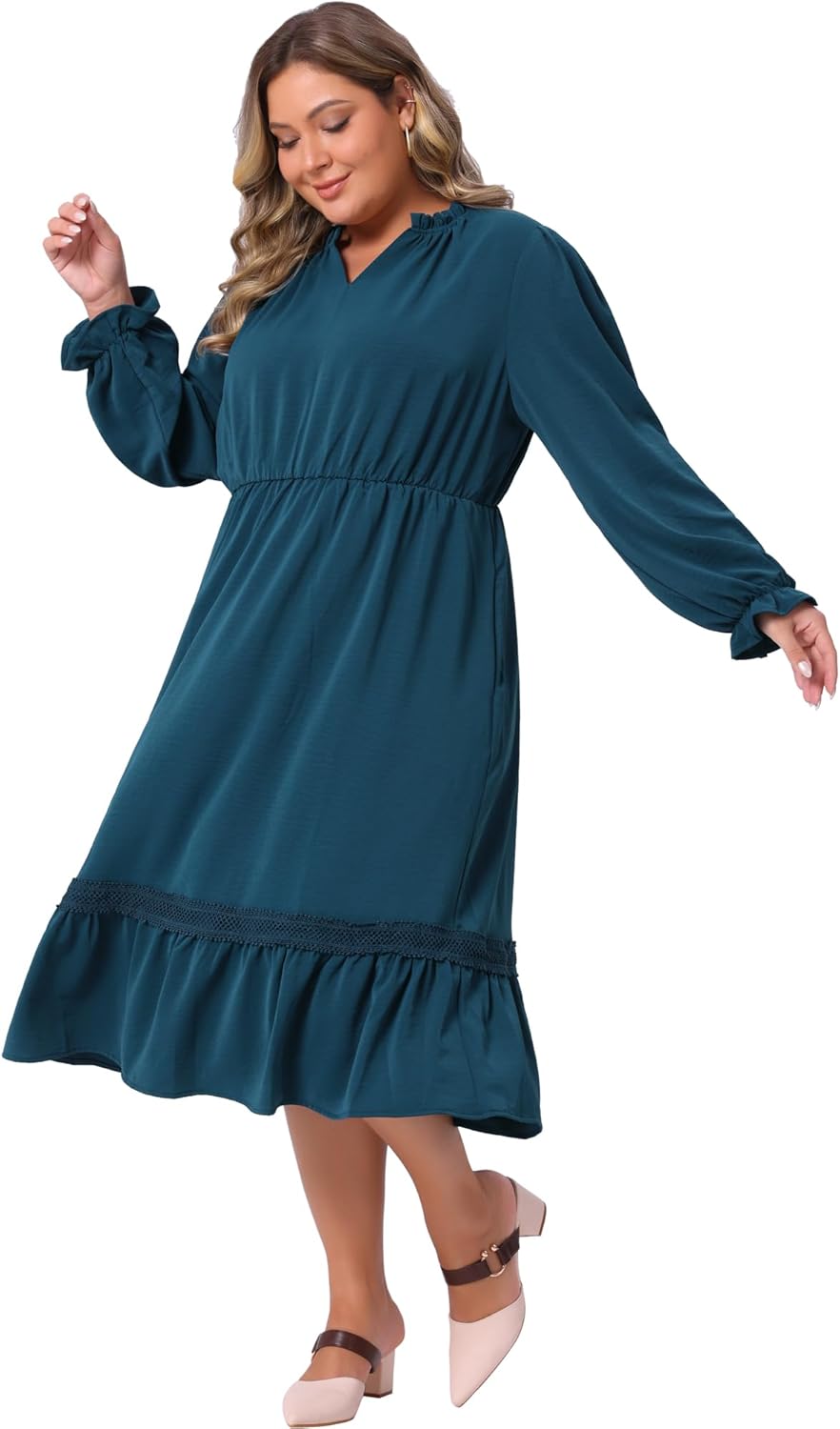 Agnes Orinda Plus Size Women's Ruffle V Neck Long Sleeve Tiered Midi Dress Flowy A Line Layered Fall Dress Casual - Image 3