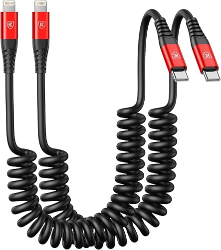 KIYODA Cable USB C a Lightning, paquete de 2 cargadores rápidos en espiral de 3 pies para automóvil tipo C a cable Lightning compatible con 14 13 12