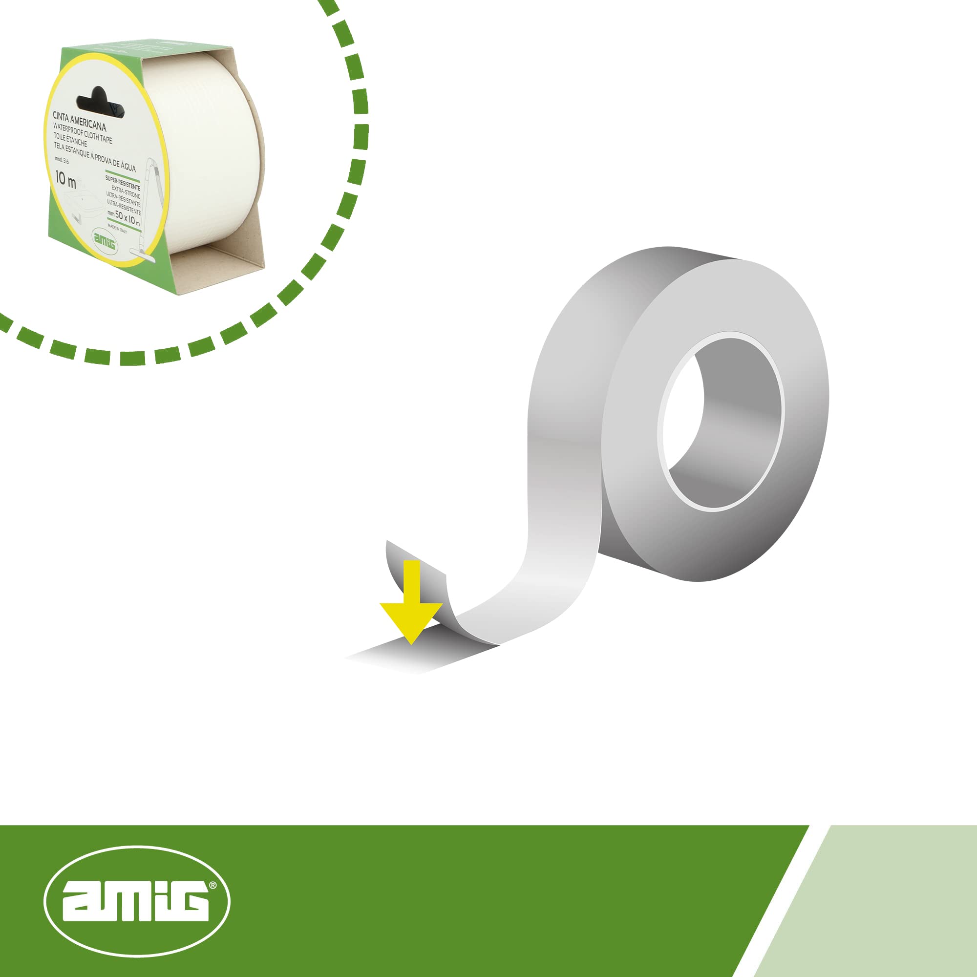 Amig - Cinta Americana Mod.516 de Fijación Extrafuerte y Resistente al Agua para Uso en Interiores o Exteriores - Perfecta para Bricolaje y Reparaciones - Medidas 10 m x 50 mm - Color Blanco