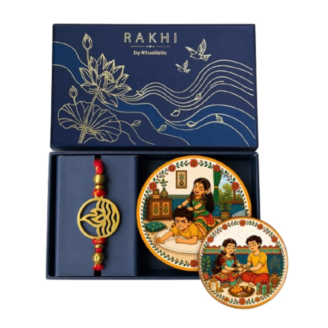 ritualistic Pure Brass Rakhi for Brother with 2 Fridge Magnets (Medium & Small) | Premium Designer Rakhi | Raksha Bandhan Gift Set for Bhai-picture-42