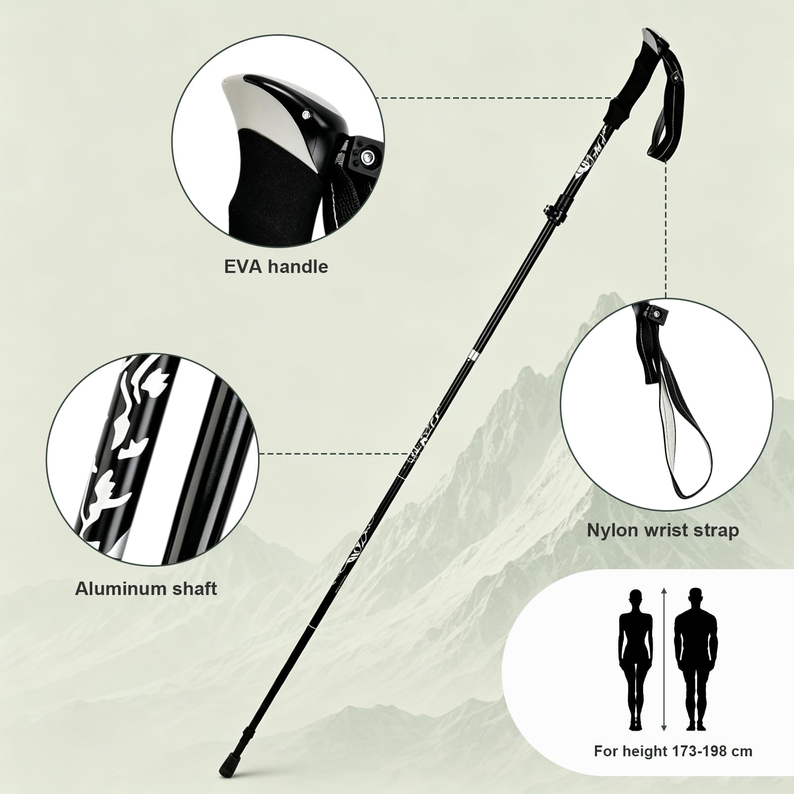VINATO Bâtons de Randonnée Télescopiques, 2 Paire, Bâtons de Marche Nordic Léger en Alliage, avec Sac de Transport & Accessoires, pour Trekking, Randonnée, Noir