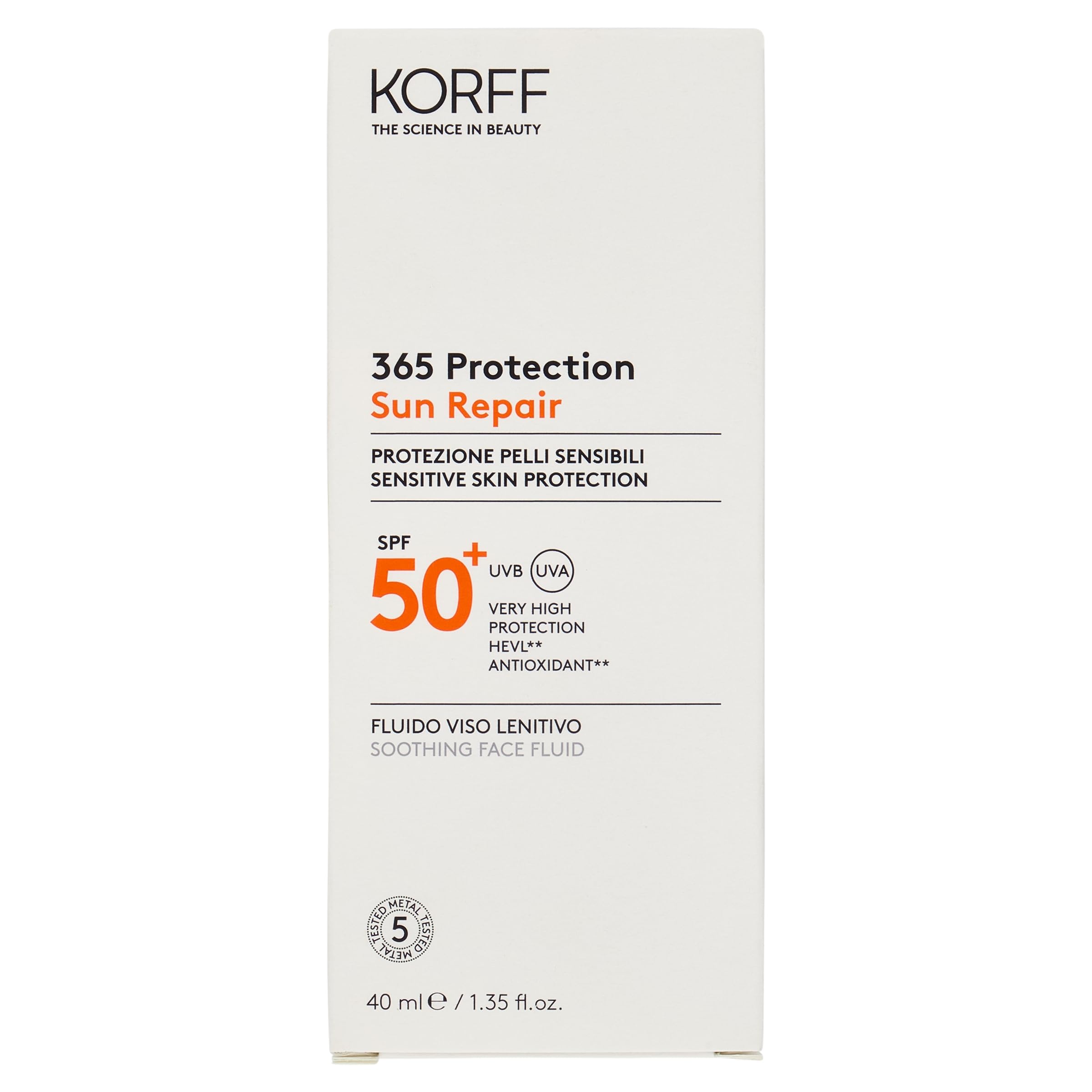 Korff Sun Repair Fluido Viso Lenitivo SPF 50+, Protezione Molto Alta, Lenitivo Istantaneo, Texture Leggera, Senza Tracce Bianche, Adatto a Pelli Sensibili, Confezione da 80 ml