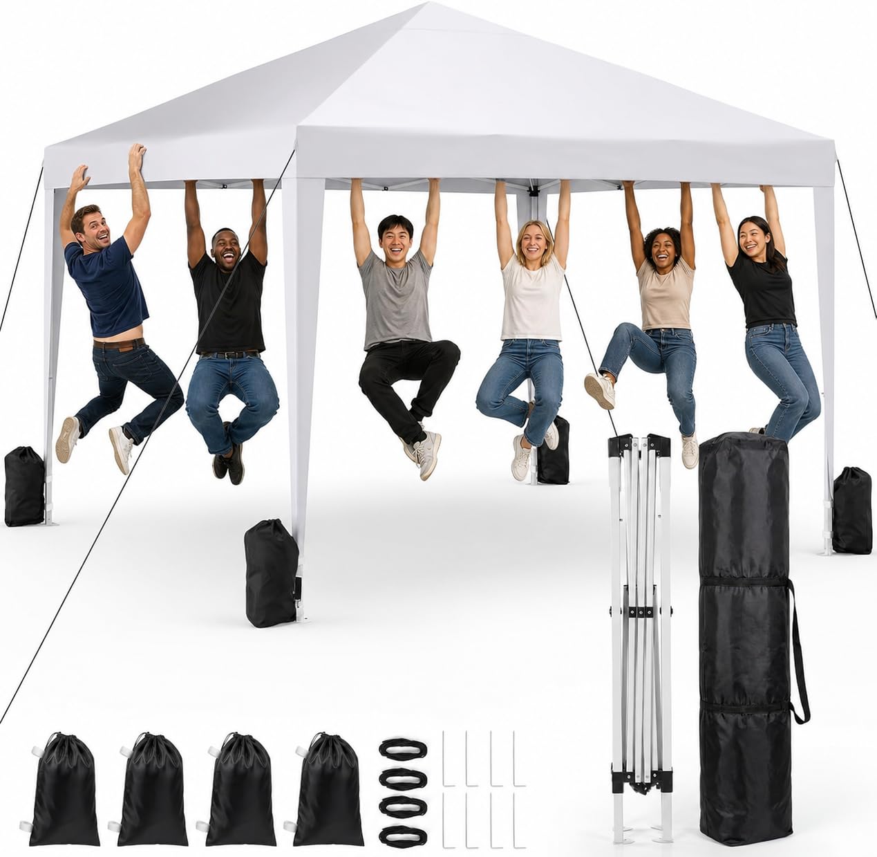 VOWNER Pop Up Gazebo 3 x 3 m Height Adjustable White Canopy Tent