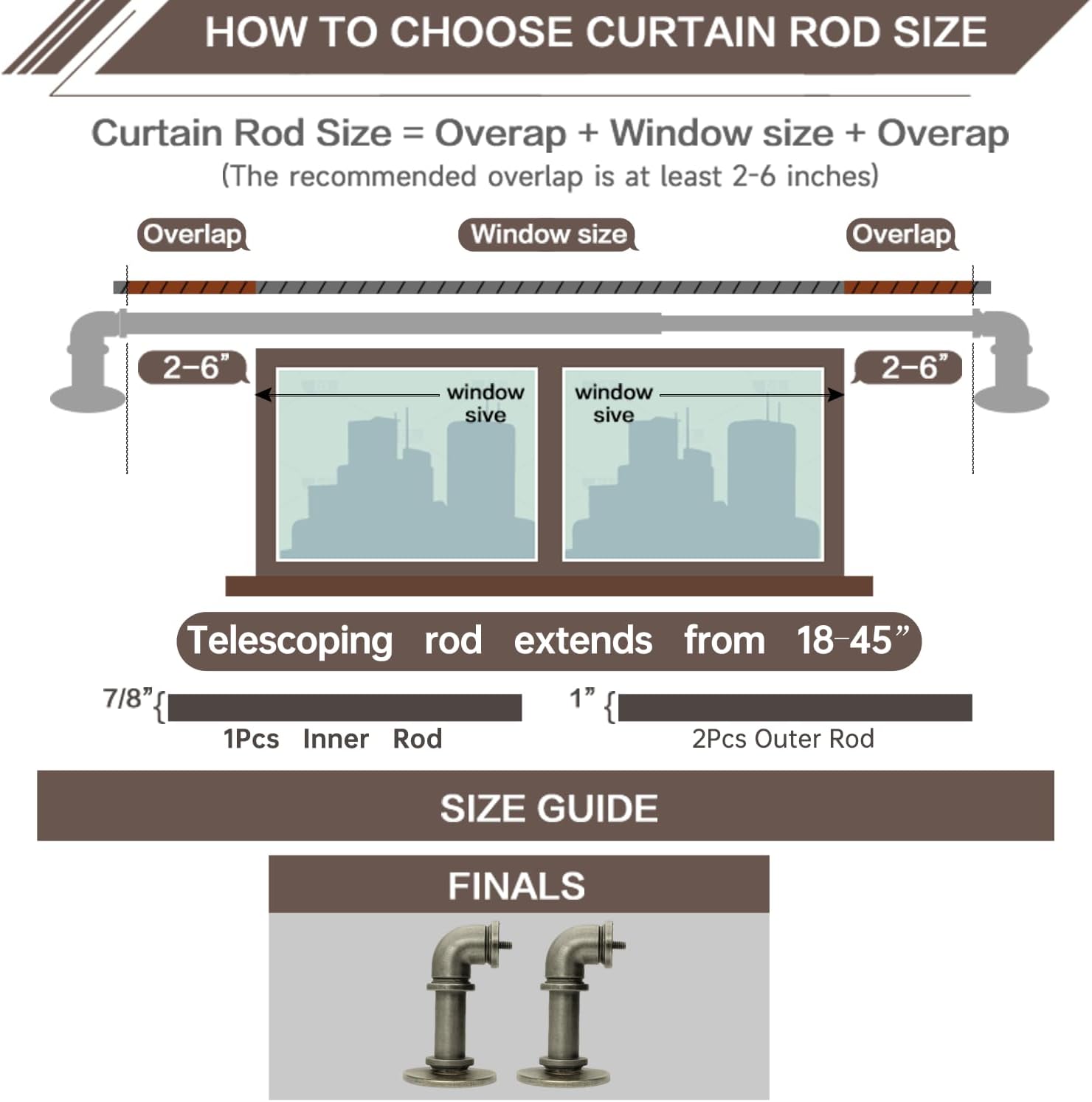 Industrial Curtain Rods 18 to 45 in,Blackout Curtain Rod,Adjustable Length,1 in Diameter Pipe,Wall or Ceiling Mounted,for Bedroom and Living Room (Antique Silver 18” to 45”)