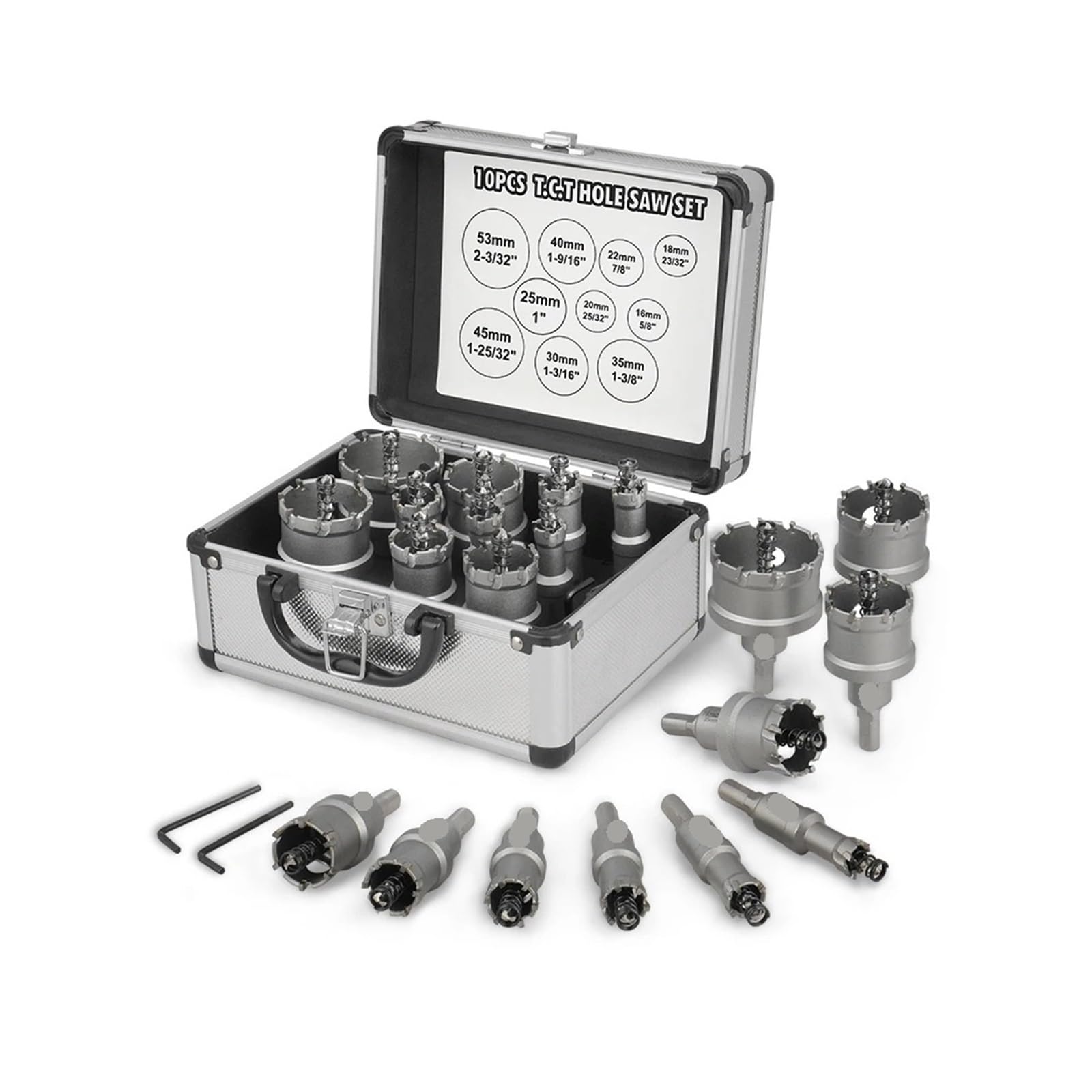 Kit De 10 Brocas De Corona De Carburo TCT De Alta Resistencia Con Llave Allen Y Broca Chapada For Metal, Hierro, Madera Y Plástico.