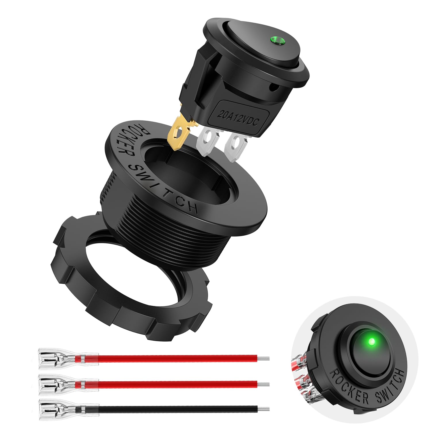 Nilight 1PC Round Rocker Switch with Shell 12V 24V 20A Green LED Toggle swtich with 16AWG Wires SPST 3Pin 2 Position for Car Truck Vehicle Boat Marine