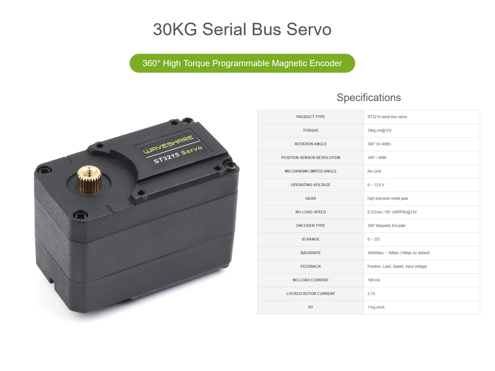 30KG Servo Bus Seriale Coppia Elevata ST3215 Servomotore Motoriduttore in Metallo con 360° Encoder Magnetico Programmabile ad alta Precisione, Feedback Bidirezionale, Servo/Motore Doppia Modalità