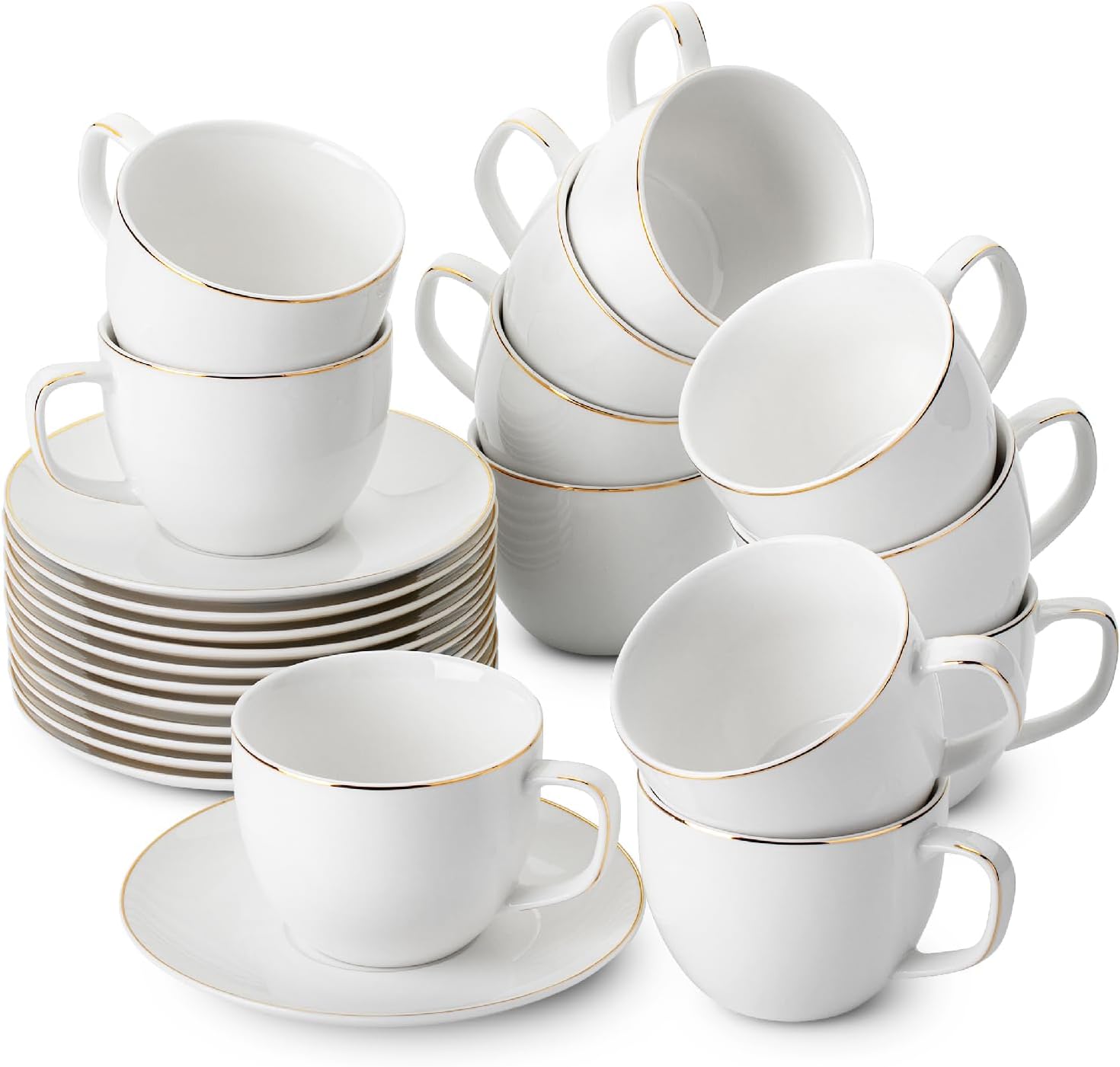 BTaT- Cappuccino Cups with Saucers 8 oz, Set of 12, White Porcelain Coffee Cup and Saucer Set for Latte with Golden Trim Design, Dishwasher Safe, Mocha, Tea, Au Lait, Flat White, Mothers Day Gift