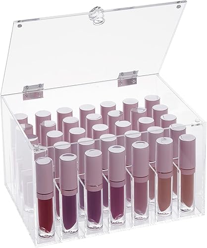 Organizador grande de lápiz labial acrílico transparente y soporte para brillo de labios con 35 compartimentos y tapa (7.8 x 5.8 x 4.4 pulgadas),