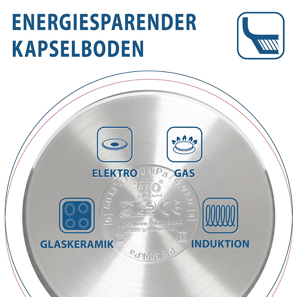 ELO Schnellkochtopf Praktika XS 18 cm, aus Edelstahl 18/10, automatisches Druckregelsystem, schonendes Garen, starker ELO-Therm Speicherboden, mit Sicherheitsmechanismus, Schnellkochtopf Induktion | automatisches Druckregelsystem, schonendes Garen, starke