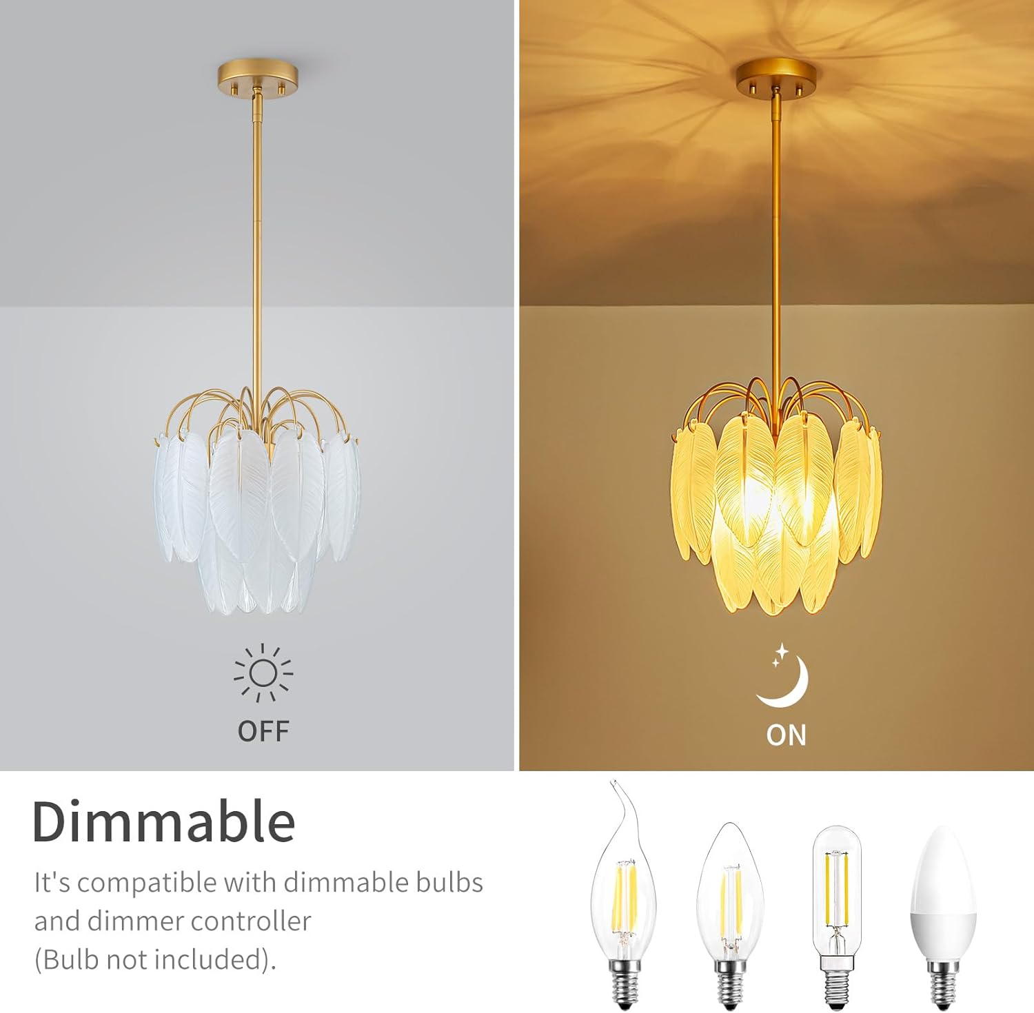 D12inch 3-Light Glass Chandeliers, Modern 2-Tier Pendant Light Fixture for Dining Room, Living Room, D12x18~47Inch Adjustable Height, White Frosted Glass Feather Shade & Gold Finish Frame